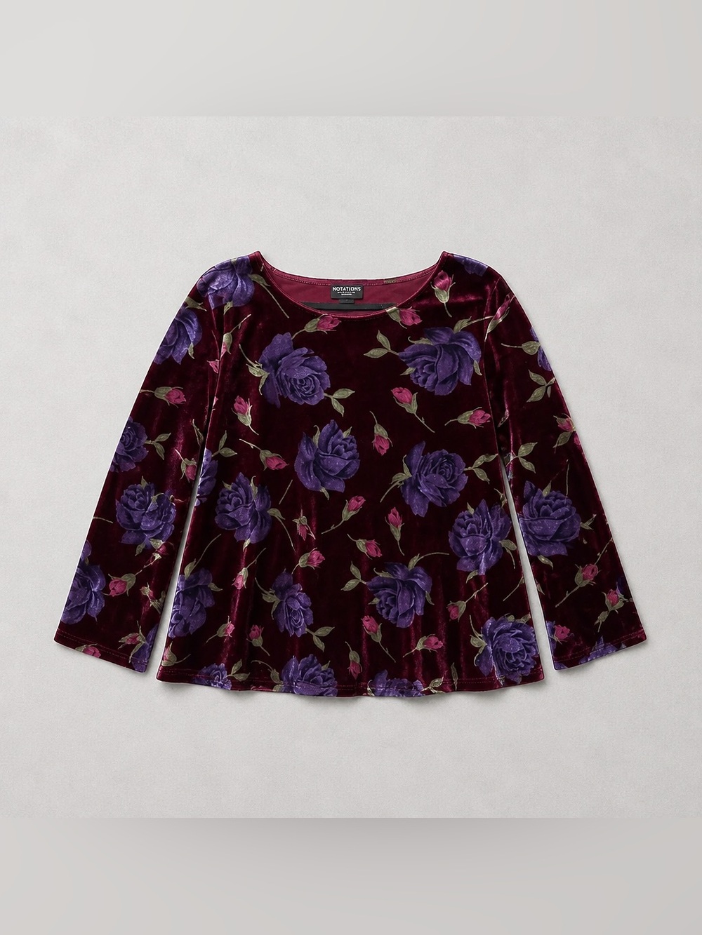 Notations Burgundy Velvet Long-Sleeve Top with Purple Floral Print